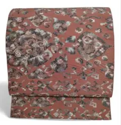 名古屋帯 赤茶 全通柄 幾何学花文様 グレー シルバー グラデーション