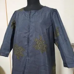 大島紬　フリル袖ロングワンピース　ネイビー×亀甲　ハンドメイド♡ ef75a2312b888124737d83b6a89b72