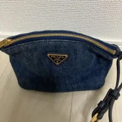 ☆PRADAプラダ ギンガムチェックポーチ キャンバス ネイビー紺 化粧