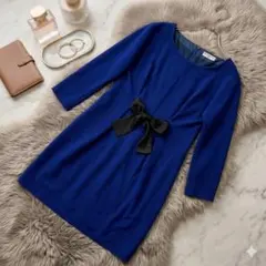 美品✨ ナチュラルビューティーベーシック ひざ丈 ワンピース ブルー 長袖