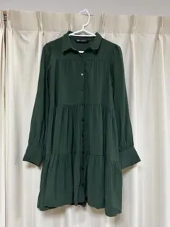 ZARA ダークグリーン ティアード　シャツ　ワンピース