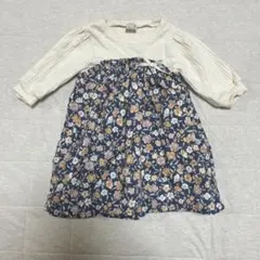 プティマイン 80cm 長袖ワンピース　花柄　リボン　ポワン袖　メロー