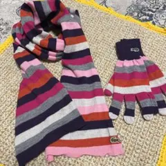 Lacoste ストライプ マフラー 手袋 セット