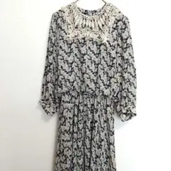 【花柄ロングワンピース】長袖 肩パッド シフォン フレアスカート レディース