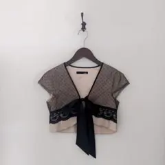 calas 半袖 リボンレースボレロ ベスト カーディガン ベージュ×黒
