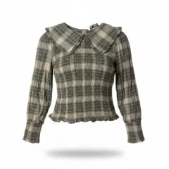 チェック柄フリル襟長袖シャツ