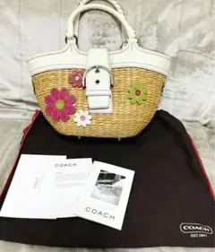 COACH コーチ　花柄　ストローハンドバッグ