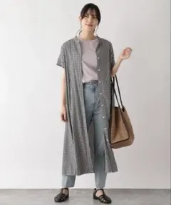 GLOBAL WORK ギンガムチェック 半袖 シャツ ロングワンピース M