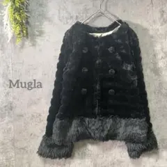 ムーラ　フェイクファーコート　裾切替　ダブルボタン　裏地あり　黒　可愛い　韓国風