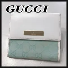 ☆GUCCI☆ グッチ 二つ折り財布 ホワイト 水色 キャンバス レザー GG柄