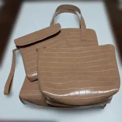 【茶色トートバッグ】同柄ポーチ２個付の３点セット