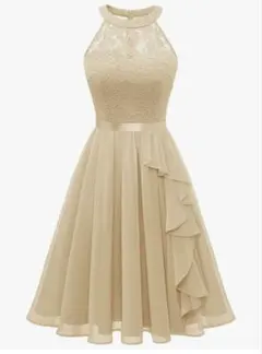 ベージュ ホルターネック パーティードレス シャンパン Aライン 二次会 結婚式