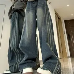 配色ラインステッチデニムパンツ　サイドストライプ デニム ワイドレッグパンツ