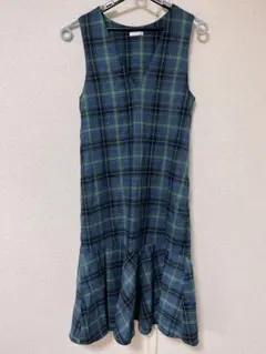 【美品】honeys グリーン系チェック Vネックジャンスカ(S)