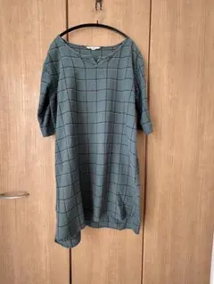 B.L.U.E. チェック柄 チュニック ワンピース七分袖 グリーン系
