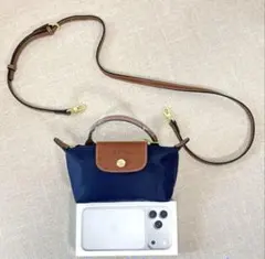 新品 ロンシャン ル プリアージュ ミニXS 2WAY ショルダー ネイビー×茶