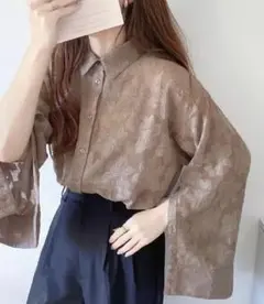 シアージャガード　花柄　2Way シャツ　モカ　Sサイズ　シアーシャツ