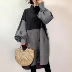 ドッキングワンピース 長袖 レディース ロングワンピース 不規則 ハイネック