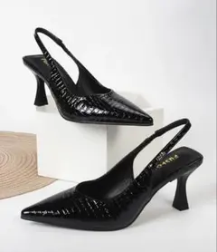 ブラック クロコダイル風 スリングバックヒール