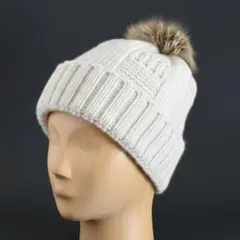 ニット帽 裏起毛 暖かい 厚地 伸縮性 白 ケーブル編み ポンポン付き ファー