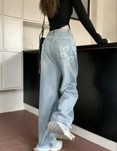 ハートプリント デニムパンツ ワイドシルエット xs