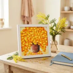 油絵 原画【黄金の記憶、光の輪】ミモザ リース 絵画 花 インテリア