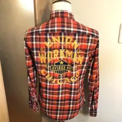 メンズ【美品 アヴィレックス】M 赤 チェック ネルシャツ 刺繍 シカゴ ワーク