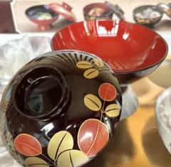 【未使用】お椀&蓋セット(×30) 枝葉柄 赤×金色 複数(5つ単位)