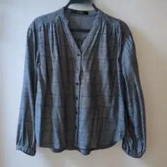 グレー チェック柄長袖シャツ ノーカラーネルシャツ Ｓサイズ