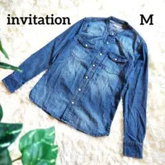 インビテーション デニムシャツ スタンドカラー 長袖 羽織り 上着 レディース
