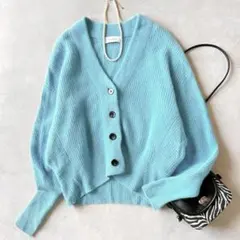 アダムエロペ　ラクーン　ファーニット　カーディガン　Vネック　ブルー