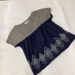 SUPER HAKKA カットソー 刺繍 ボーダー 半袖 ニット グレー ブルー