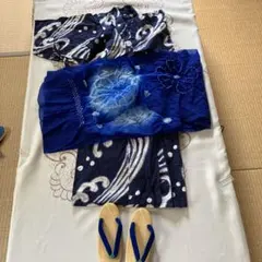 紺白波模様の浴衣　帯　草履セット