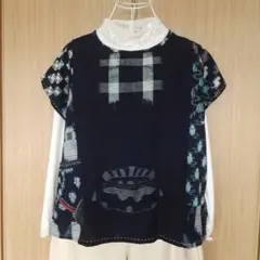 古布リメイク　絵絣　藍染め　刺し子　パッチワーク　プルオーバー　ベスト　ポンチョ