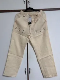 【新品タグ付】73R フレンチリネン クロス刺繍 ロングパンツ M ベージュ /