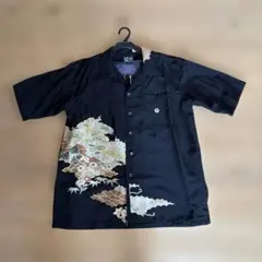 め0611着物リメイク正絹本場大島紬泥藍染花草絣裂取仕立アロハシャツ 