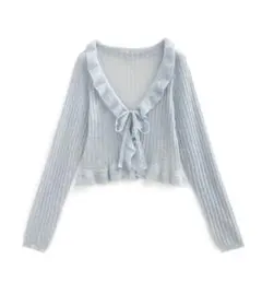 【美品】GRL グレイル リボンフリルシアーニットカーディガン　ブルー　M