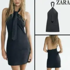 ZARA ザラ　タイホルターネックワンピース ネクタイ　ピンストライプ　グレー