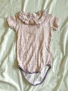 【美品】ピンクチェックロンパース 70-80