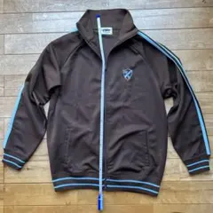 【古着】ジャージ上 ブラウン 水色ライン ロゴ刺繍Mサイズ