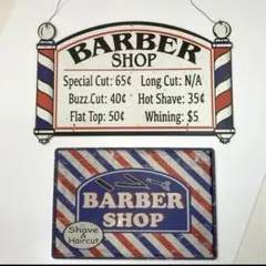 ブリキ看板　barber バーバー　理容　アンティーク　レトロ　ヘアサロン