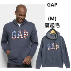☘️GAP(M)オールドギャップデザインアメリカ国旗ロゴパーカー裏起毛紺灰色