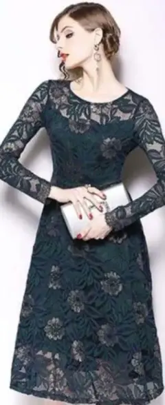 パーティードレス ミモレ丈 総レース 長袖 結婚式 ワンピース パーティードレス