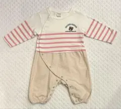 バースデイ　くま刺繍付きストライプロンパース　80 ピンク