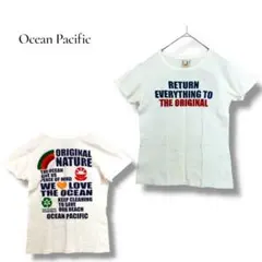 オーシャンパシフィック 半袖TシャツM 綿 白 英字ロゴ 後ろもこもこ虹ワッペンのサムネイル