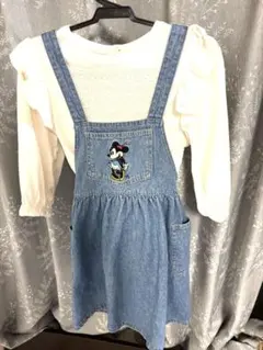 プティマイン デニムジャンパースカートと肩フリルチェニック