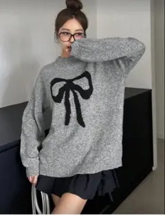 【Dazy】リボンモチーフ グレー 薄手ニットセーター
