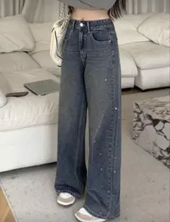 レディース グリッター デニム ワイドパンツ