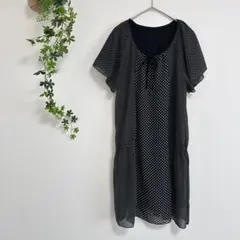 ［hushush］水玉模様ワンピース（M）半袖　リボン付き 黒