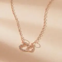 ピンクゴールドオープンハートチェーンストーンネックレス 結婚式キラキラ可愛い韓国